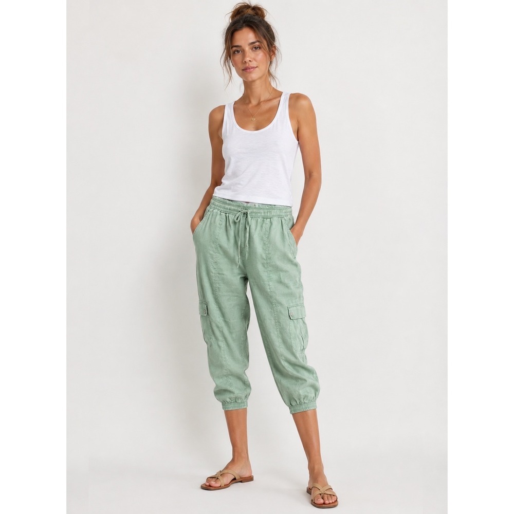 Bella Dahl Cargo Pants Jogger Women Sz L Sage Green 100% Linen Elastic Waist
